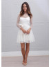 Ivory Polka Dot Tulle Sheer Long Sleeves Short Wedding Dress 